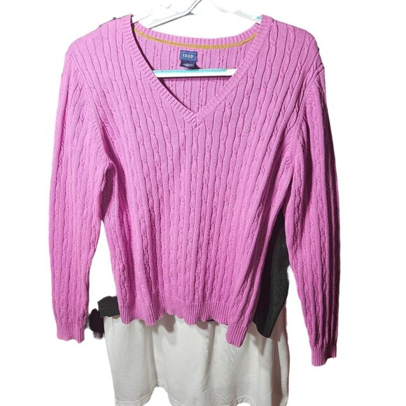 Izod Womens Pink Cable Knit V-Neck Sweater Size XL Cotton Blend - Picture 1 of 4